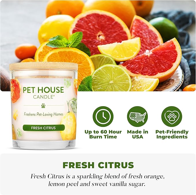 One Fur All Pet House Candle 2 Pack - Plant-Based/Soy - Clean Burning Scented Long Lasting Pet Odor Candle for Home - Fresh Citrus Lavender Green Tea
