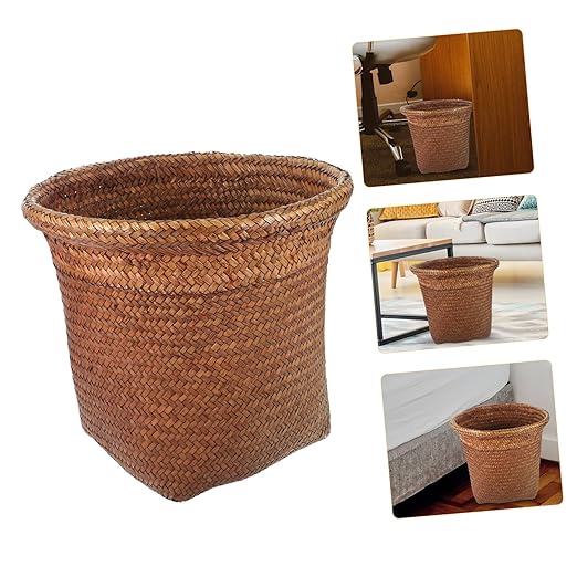 VALICLUD 1Pc Straw Woven Wastebasket Rustic Trash Can for Paper Rubbish Decorative Storage Bin for Bathroom Bedroom Office Hand Woven Design