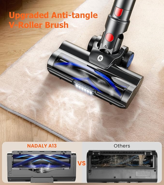 NADALY Cordless Vacuum Cleaner 500W 40KPA Stick Vacuum with 45min Runtime Anti-Tangle Self-Standing Vacuum Cleaners for Home Lightweight Vacuum for Hardwood Floor/Carpet/Pet Hair Bronzed Gold
