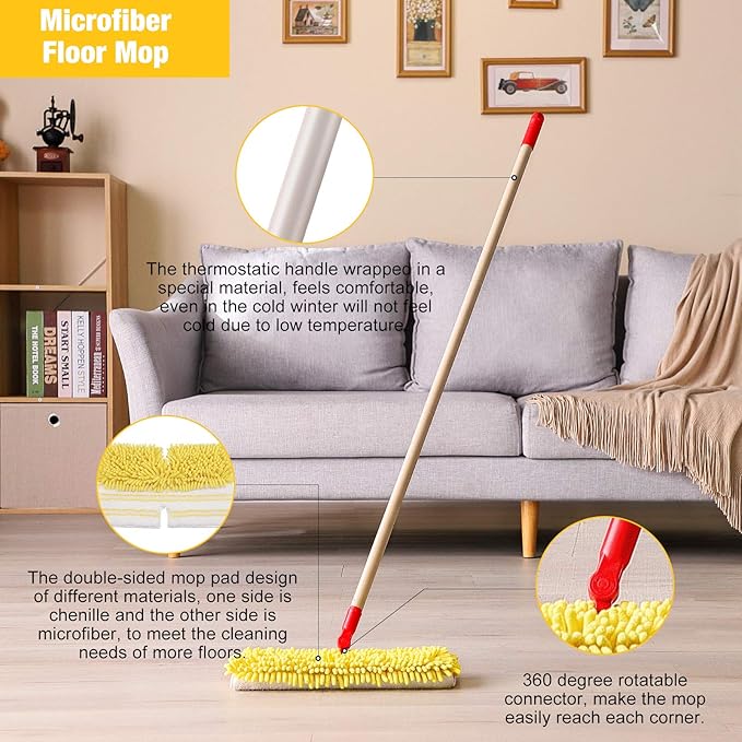 AKOMA Dual Sided Dust Mop Flip Head Dry and Wet Mops for Floor Cleaning with 2 Washable Microfiber Pads Mopping for Home Office Bathroom Hardwood Tile FloorYellow Cleaner Tools