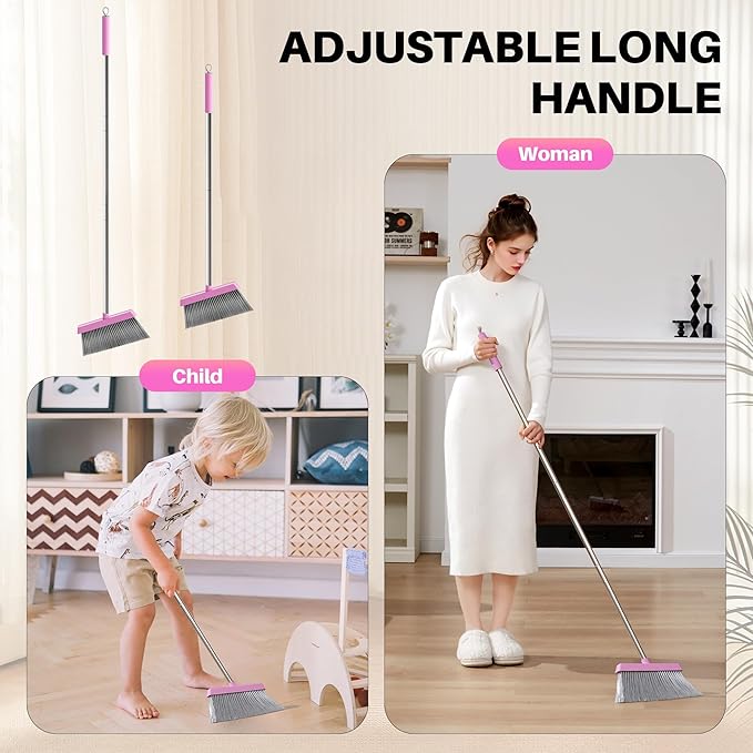 JOYMOOP Pink Broom and Dustpan Set with 56” Handle Upright Angle with Built-in Comb Teeth for Hardwood Floors and Pet Hair