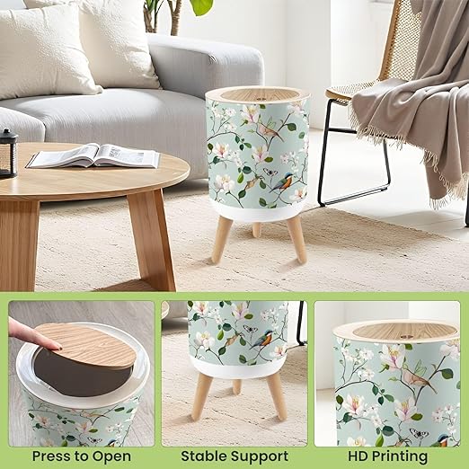 Bathroom Trash Can with Lid Magnolia Birds Butterflies Seamless Summer Magnolia Flowers Garbage Bin Waste Basket for Kitchen Office Bedroom Decoration Diaper Pail 1.8 Gallon