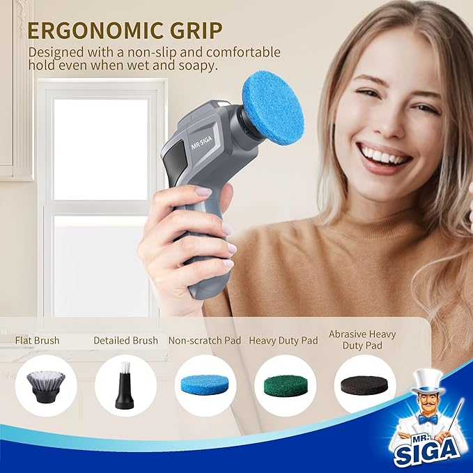 MR.SIGA Electric Spin Scrubber for Kitchen and Bathroom Cleaning Waterproof Rechargeable Cordless Spin Scrubber with 5 Replaceable Cleaning Brushes and Pads