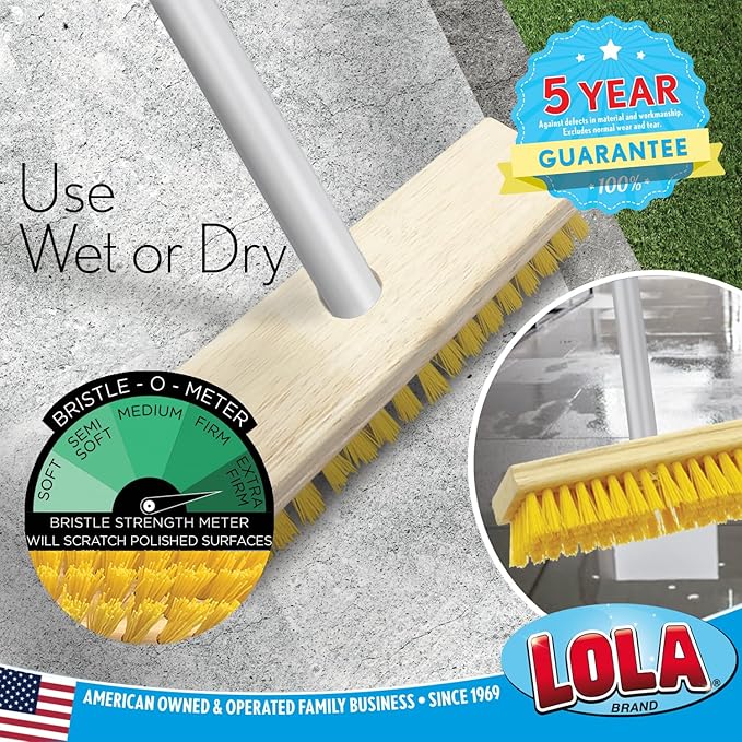 LOLA Deck Scrub Brush with Stiff Bristles Heavy Duty Outdoor Scrub Broom for Patios Decks Concrete &amp Tile Removes Dirt Grime Leaves &amp Snow Wet or Dry Use 1 Count
