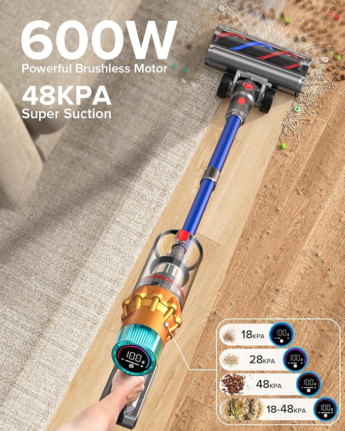 Belife S8 Cordless Vacuum Cleaner 600W 48Kpa Stick Vacuum with 65Mins Runtime Self-Standing 1.6L Large Dust Cup Anti-Tangle Smart Wireless Handheld Vacuums for Carpet Hardwood Floor &amp Pet Hai