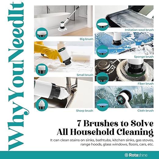 Electric Spin Scrubber - Electric Scrubber for Cleaning with 7 Replaceable Heads - Full-Body Waterproof Tub Scrubber with Long Handle - Electric Brush Cleaner for Bathroom