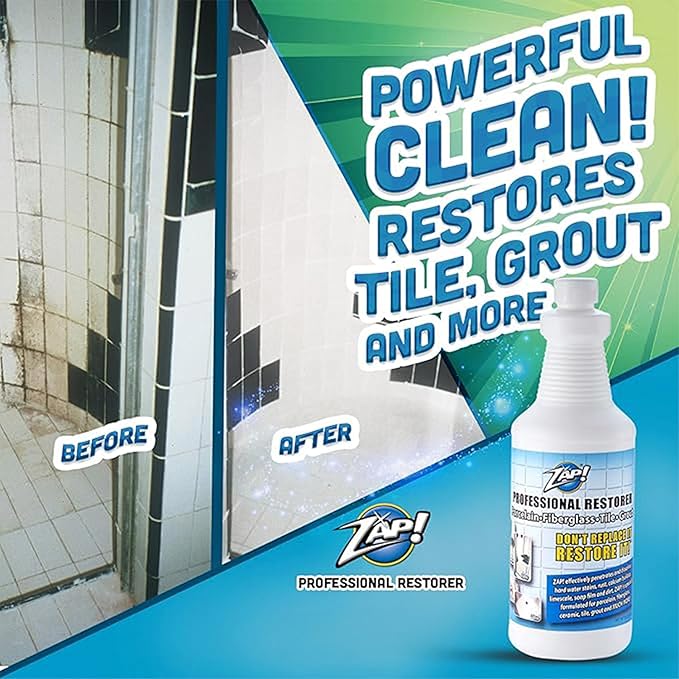 ZAP! Professional Tile &amp Grout Restorer | Cleans &amp Restores Porcelain Fiberglass Tile &amp Grout Surfaces | Rust &amp Hard Water Remover | Kitchens &amp Bathroom Porcelain Sinks Toilets