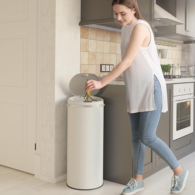 iTouchless 13 Gallon Touchless Sensor Trash Can with Odor Filter System Round White Steel Garbage Bin for Home Kitchen Pale White 13 Gal