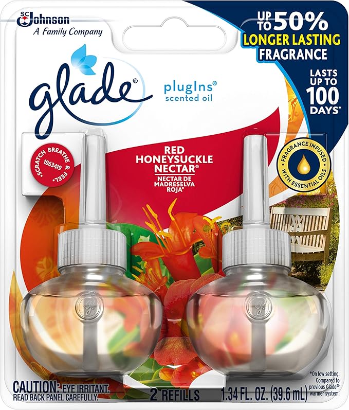 Glade PlugIns Refills Air Freshener Scented and Essential Oils for Home and Bathroom Red Honeysuckle Nectar 1.34 Oz 2 Count ( One Pack)