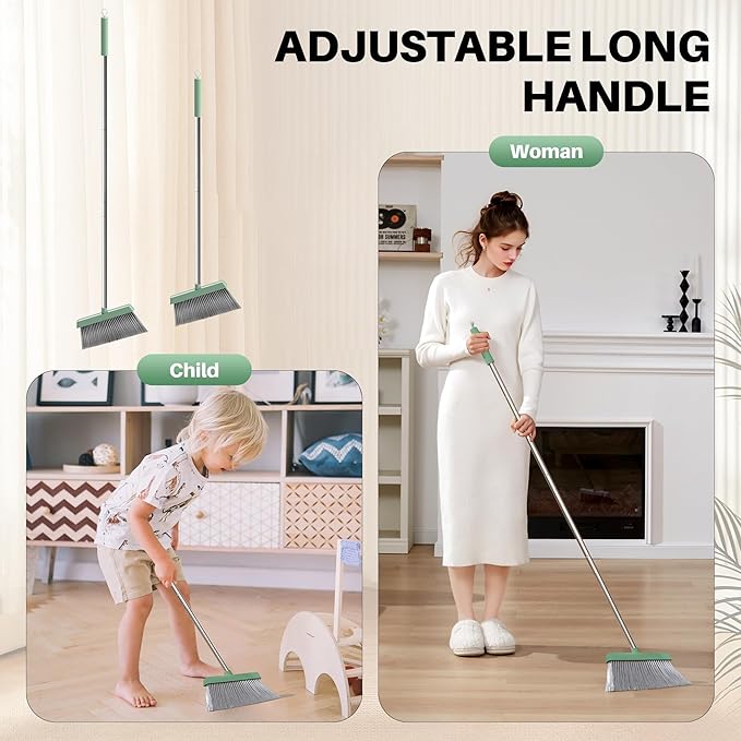 JOYMOOP Dark Teal Green Broom and Dustpan Set Upright Angle with Built-in Comb Teeth Ideal for Home Office Hardwood Pet Hair