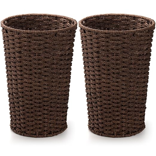 Bekith 2 Pack Small Wicker Waste Paper Basket Woven Basket Trash Can Wastebasket Decorative Round Garbage Container Bin for Bedroom Bathroom Home Offices Laundry Brown
