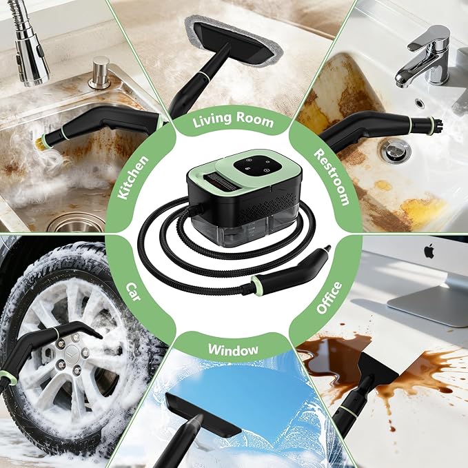 Steam Cleaner Portable Steamer for Cleaning with 16pcs Accessories 6-Level Adjustable 15s Heat-Up Handheld Steam Cleaner for Home for Tile Grease Dirt Grout Car Detailing Green