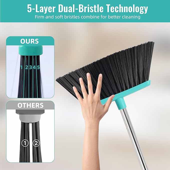 Broom with Dustpan Combo Set Silicone Broom Squeegee and Scrub Brush Set with Long Adjustable Handle for Indoor &amp Outdoor Sweeping and Scrubbing Ideal for Pet Hair Liquids and Dirt