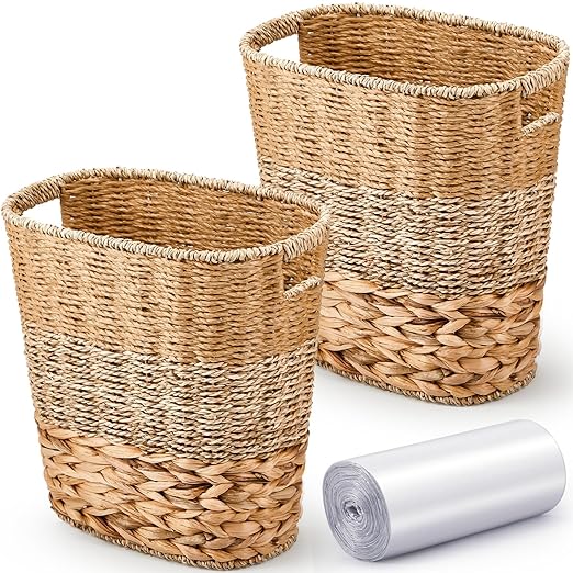 2 Pcs Wicker Trash Can with 50 Small Trash Bag Wicker Waste Woven Basket with Handles Clear Multi Use Garbage Bags for Bathroom Kitchen Bedroom(Various MaterialsClassic Style)