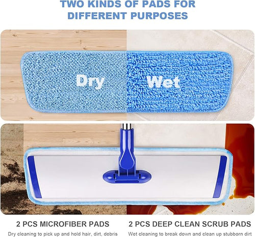 18 Professional Microfiber Mop Floor Cleaning System Flat Mop with Stainless Steel Handle 4 Reusable Washable Mop Pads Wet and Dust Mopping for Hardwood Vinyl Laminate Tile Cleaning