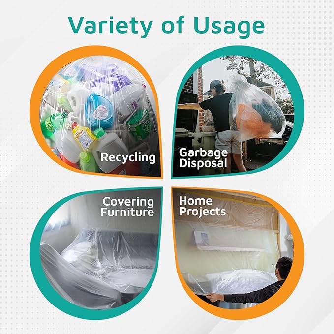 PlasticMill Heavy Duty Trash Bags - Clear Garbage Bags - Plastic Trash Bags for Large Rolling Trash Bins - Tall Trash Bags - 42-Gallon Large Kitchen Trash Bags 1.3 Mil 33x48 (100-Count)