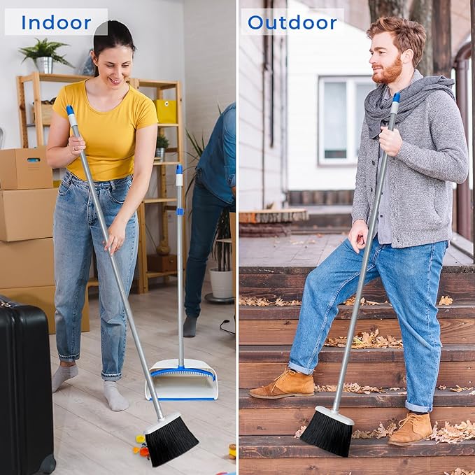 Broom and Dustpan Set with Long Handle 52 Standing Broom and Dust Pan Set for Home Kitchen Room Office Lobby Blue