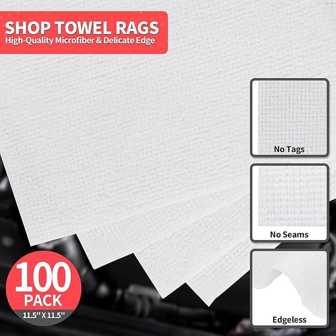 HOMERHYME White Microfiber Cleaning Cloths 100 Pack Shop Towels Rags Bulk Absorbent Lint-Free Detailing Cleaning Rags Microfiber Towels for Car Mechanic Automotive Garage Housekeeping 11.5*11.5
