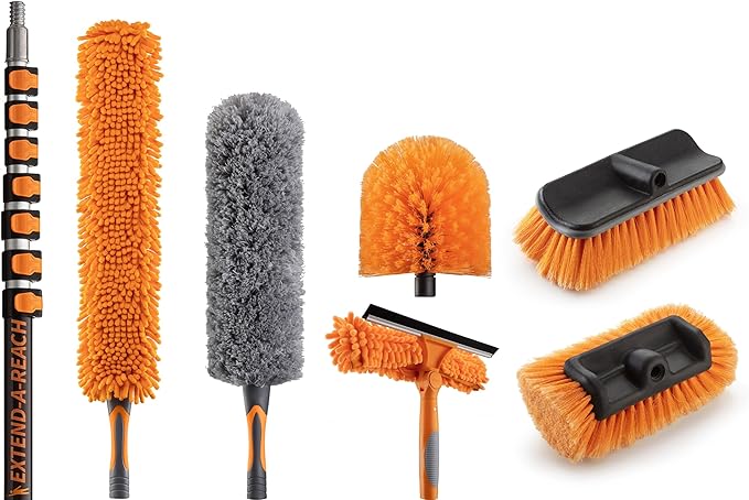 36 Foot High Reach Telescoping Duster Kit and Vinyl Siding Brushes with 5-30 ft Extension Pole // High Ceiling Cleaning and Window Washing kit // Exterior &amp Interior House and Gutter Cleaning Brus
