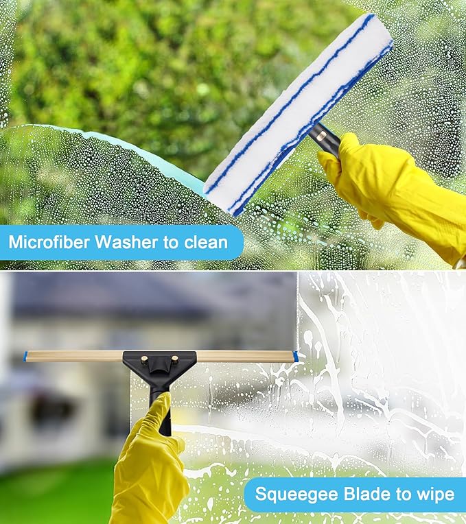 Window Cleaning Kit with Storage Bucket Window Squeegee with 4.13ft Extension Pole Scrubber Spray BottleDuster Cloth Squeegee with Rotating Head Professional Window Cleaning Tools