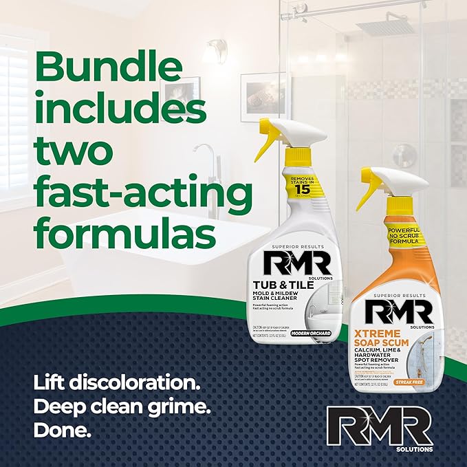 RMR Bathroom Breakthrough Bundle – Tub &amp Tile Cleaner + Xtreme Soap Scum Remover 2-Step Deep Clean System for Shower Tub Tile Grout &amp Glass Buildup Stains &amp Grime 2–32 Oz Bottles