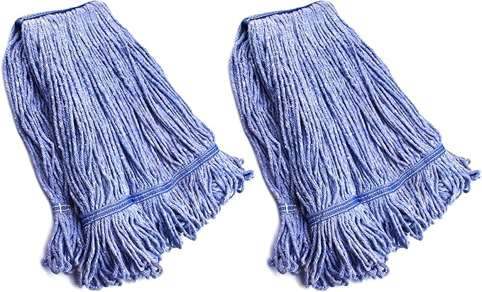 String Mop Heads Replacement Heavy Duty Commercial Grade Blue Cotton Looped End Wet Industrial Cleaning Mop Head Refills (2 Large)