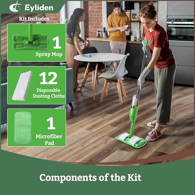 Eyliden Spray Mop - Design for Small Spaces | 12 Disposable Cloths 1 Reusable Pad 13 oz Refillable Bottle | Wet Mops for Apartments and Dorms Floors Lock Tight Design No Lost Pads - Swivel Head
