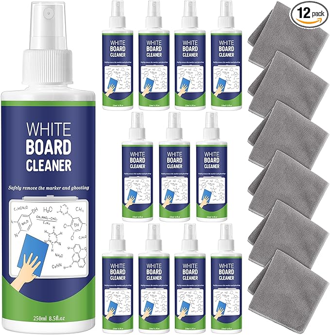 12 Pack Whiteboard Cleaner Spray 8.5oz Dry Erase Board Cleaner with 6 Cloths Non Toxic Dry Erase Cleaner Removes Stubborn Marks from Whiteboards