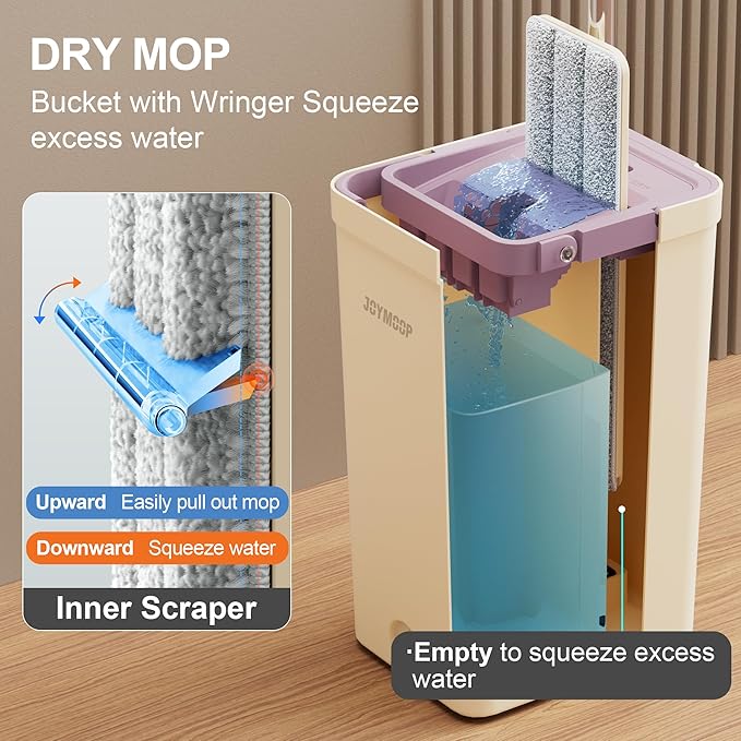 JOYMOOP Mop and Bucket Set (Beige &amp Blush Brown) with Extension Handle Ideal for Floor Window and Wall Cleaning - Includes 3 Washable Microfiber Pads for Wet and Dry Use