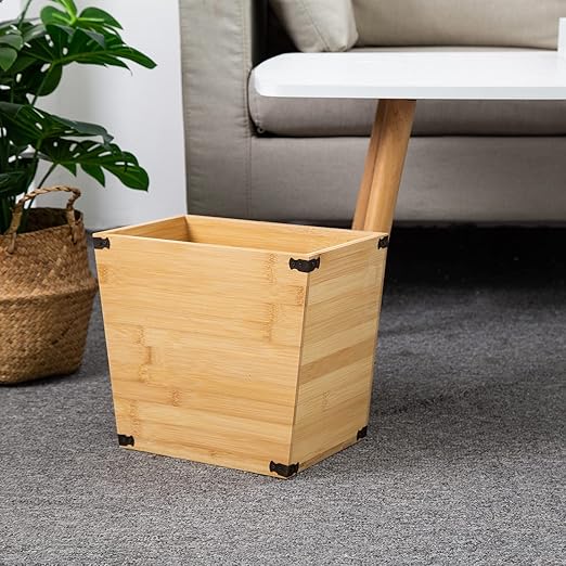 VERGOODR Grey Farmhouse Style Torched Wood Trash Can Waste Bin with Decorative Metal Brackets Trash Can for BedroomLiving Room Bathroom &amp Office (Bamboo Color)