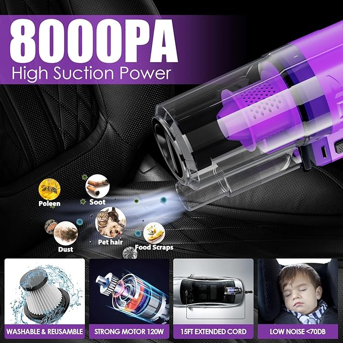 Viewsun 17PCS Car Cleaning Kit Purple Car Interior Detailing Kit with High Power Handheld Vacuum Detailing Brush Set Windshield Cleaner Cleaning Gel Complete Auto Accessories for Women Gift