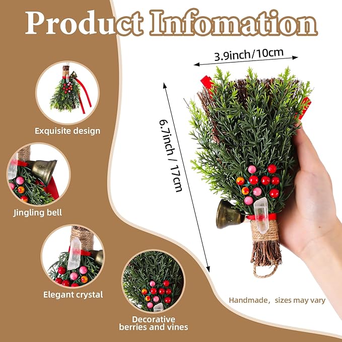 Jenaai 2 Pcs Yule Decorative Broom 6.7 Inch Pagan Christmas Decor Mini Witch Broom Handmade Pagan Broomstick with Crystal Holly Berry Jingle Bell Xmas Hanging Decor for Altar Door Protection Gift