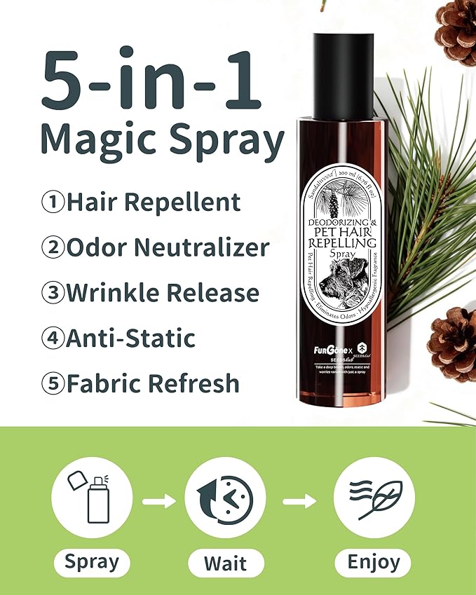 FurGone by Seedshub Pet Hair Repelling Spray Odor Neutralizer | Anti-Static Wrinkle Release Pet-Friendly Botanical Sprays for Clothing and More Pine Nut Scent Up to 2800 Sprays 6.76oz (2 Pack)
