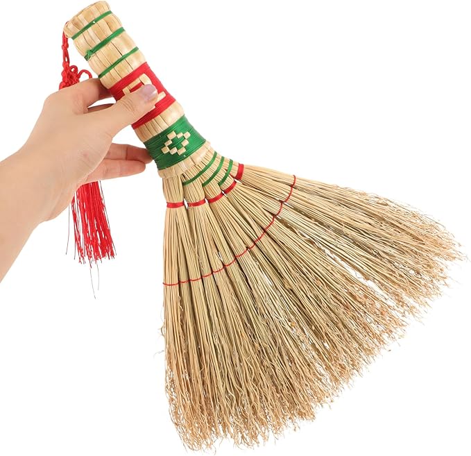 Uonlytech Small Household Hand Broom with Handle Natural Straw Brush for Bed Sofa Car Cleaning Manual Desktop Duster for Indoor Sweeping and Quick Cleanup