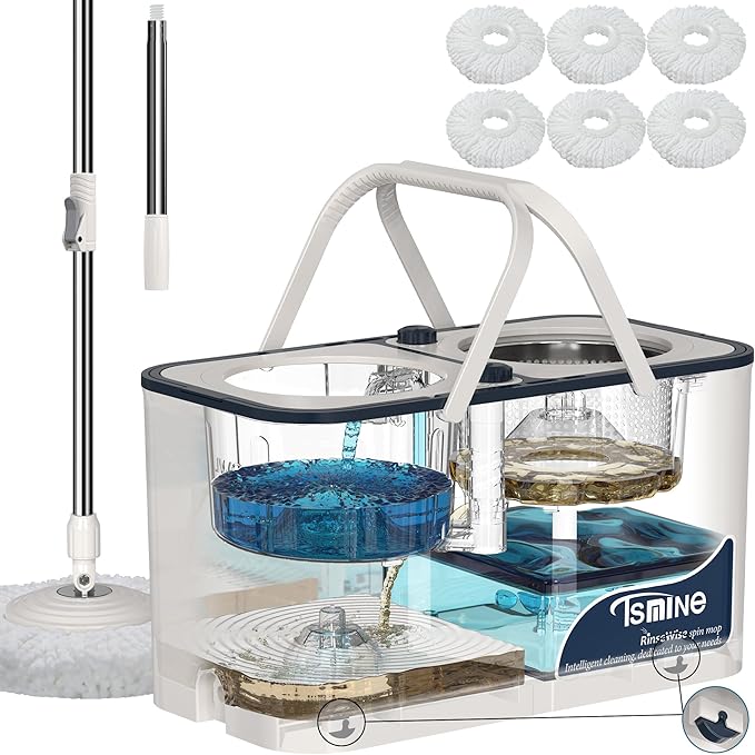 Gen 1 Large-Capacity Spin Mop and Bucket – for Big Homes &amp Deep Cleaning Days4-Chamber System Separates Dirty &amp Clean Water 2-GAL Heavy-Duty Design with Wheels &amp 6 Refill Mop Heads - Whi