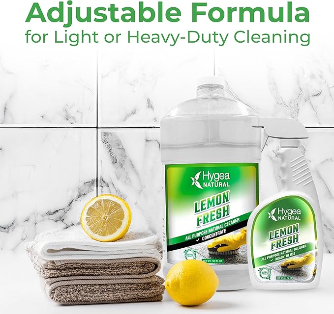 Hygea Natural Lemon Fresh All Purpose Cleaner - Chemical-Free - Removes Soil Dirt &amp Grease - Wet Gloss Finish - Biodegradable pH-Neutral &amp Ammonia Free (24oz Spray &amp 128oz Concentrated G