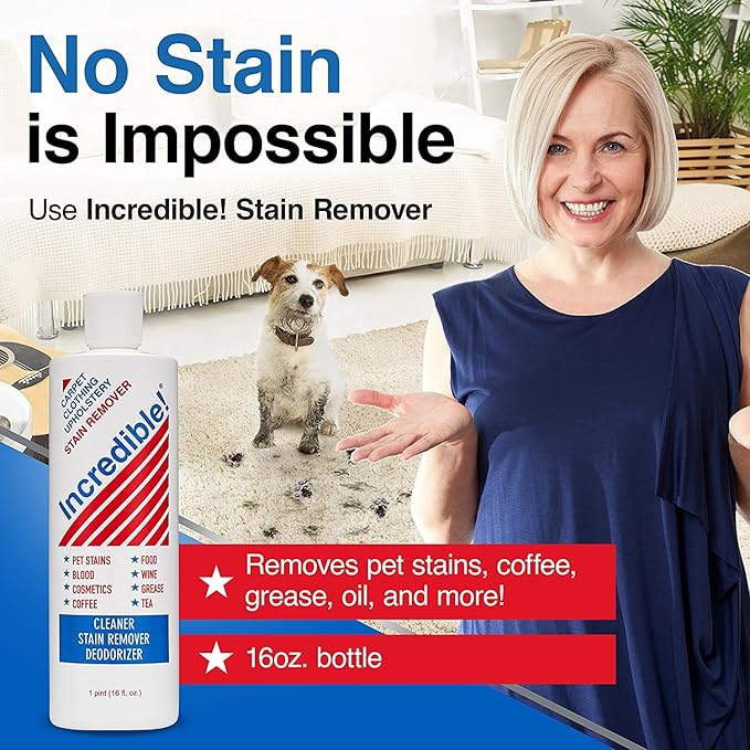 INCREDIBLE! Stain Remover - Instant Spot Remover For New and Old Stains - Blood Red Wine Coffee Urine Cosmetics Pet Stains and Odor Eliminator - Carpets Mattress Laundry 16.oz (2 Pack)