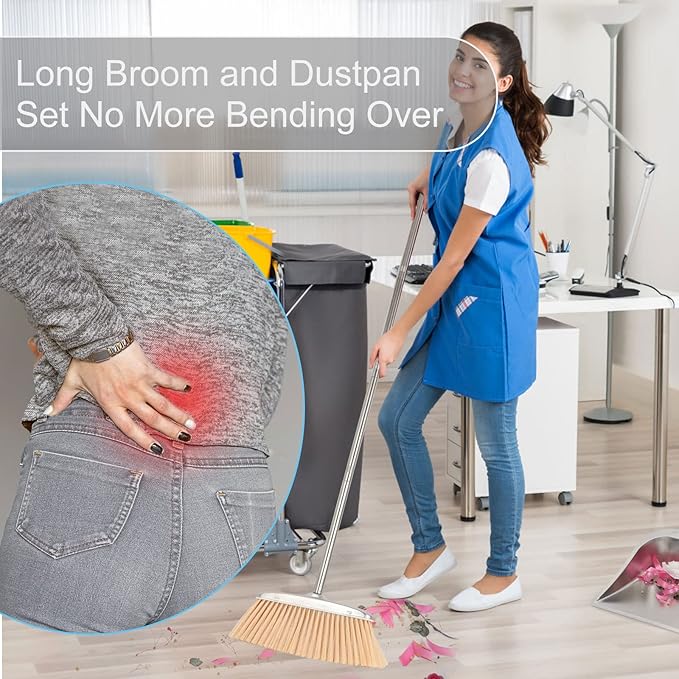 VOOWO Broom and Dustpan Set for Home Stainless Steel Broom and Dustpan Set with Long Handle Heavy Duty Dustpan Broom Set Standing Dust Pan Kitchen and Home Indoor Outdoor Broom