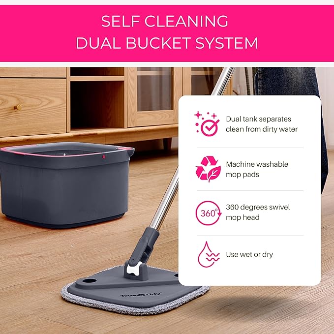 Square Spin &amp Bucket Smart Floor Mop with Separate Compartments for Clean and Dirty Water Self Cleaning (Mop Bucket with Squeegee Sweeper)