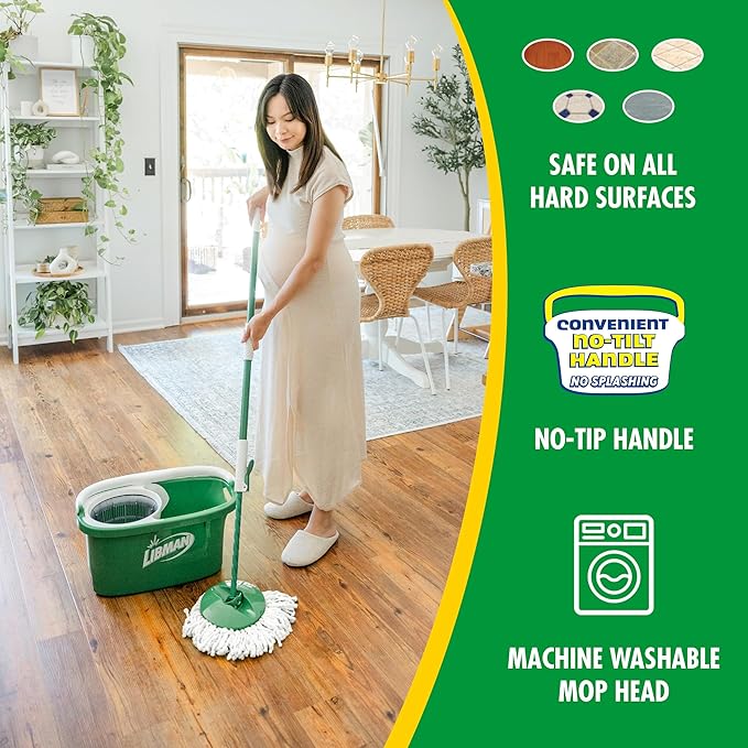 Libman Tornado Spin Mop System and 1 Refill Mop and Bucket with Wringer Set for Hardwood Floor Cleaning 2 Total Heads Included