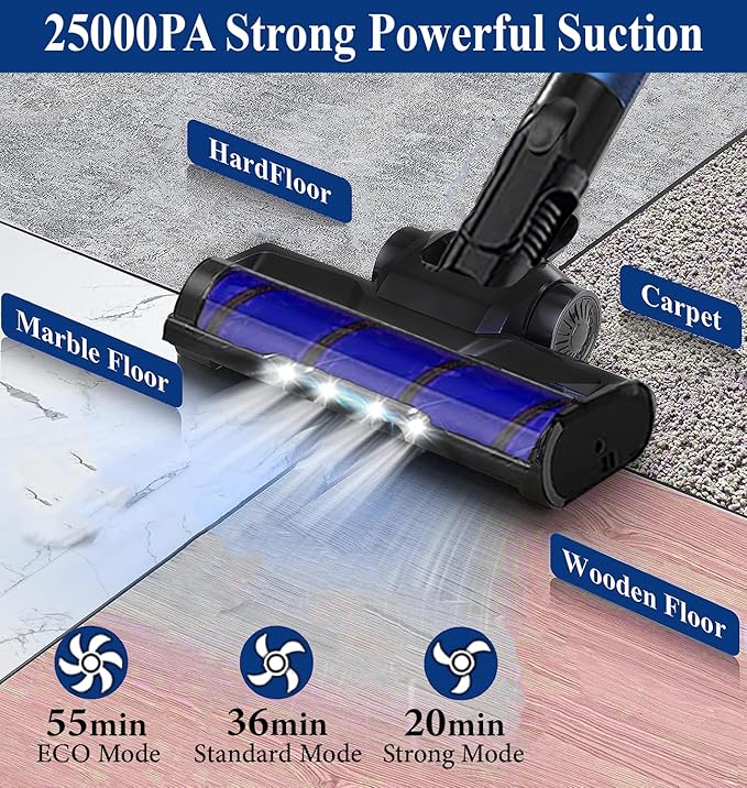 V8 Cordless Vacuum Cleaner Powerful Suction Stick Vacuum 55Mins Runtime Wireless Lightweight Handheld Vacuum Cleaner for Home Hardwood Floor Carpet Car Pet Hair Cleaning (Blue)