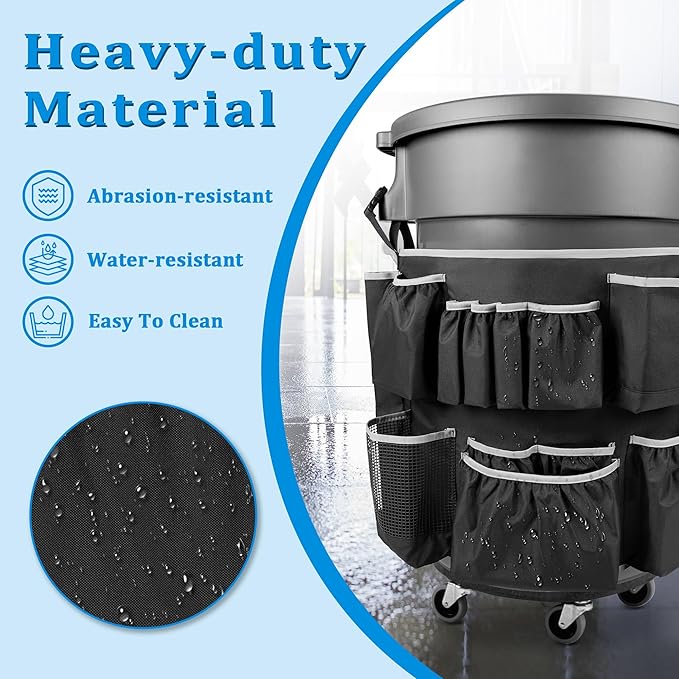 Trash Can Caddy Bag Fit 32-55 Gallon Garbage Bin Cleaning Caddy Bag with Adjustable Buckle for Industrial Trash Can 13 Pockets Cleaning Tool Organizer for Cleaning Supplies Gray Edge