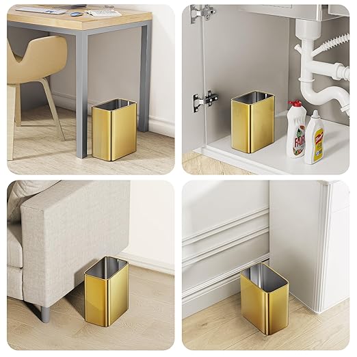Cesun Small Bathroom Trash Can 2.1 Gallon Wastebasket Modern Metal Garbage Can Office Waste Basket Gold Stainless Steel Trash Bin for Bedroom Home Office Toilet rv Near Desk Under Sink