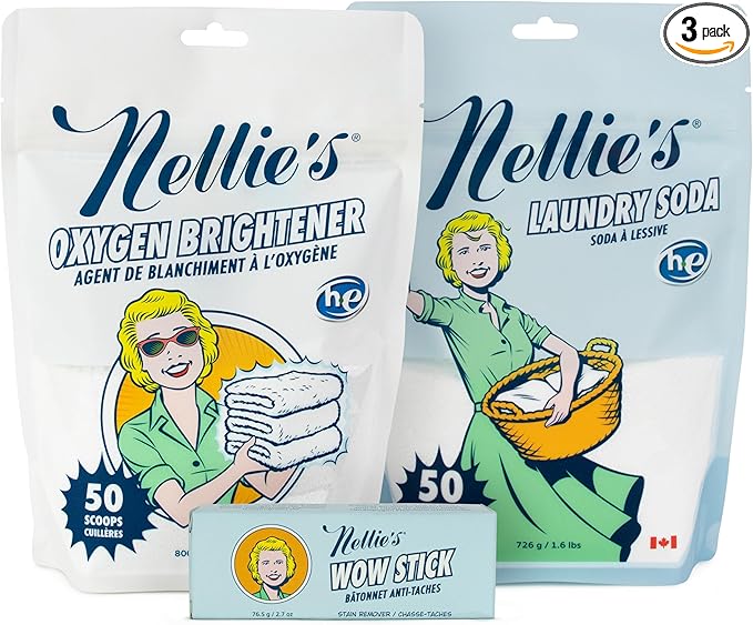 Nellie’s Complete Laundry Bundle – Concentrated Laundry Soda (50 Loads) Oxygen Brightener (50 scoops) &amp WOW Stick Stain Remover