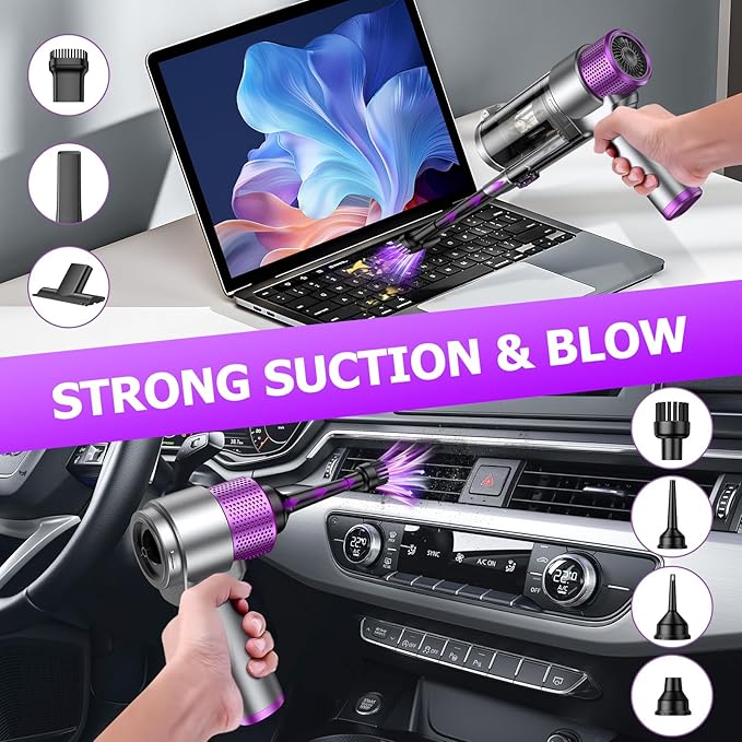 EYYA Handheld Car Vacuum Cleaner Cordless 16000PA Powerful Hand Held Vacuum Cordless Rechargeable 4-in-1 Portable Mini Vacuum &amp Air Duster with Multi-Nozzles and LED Light for Car Home Office