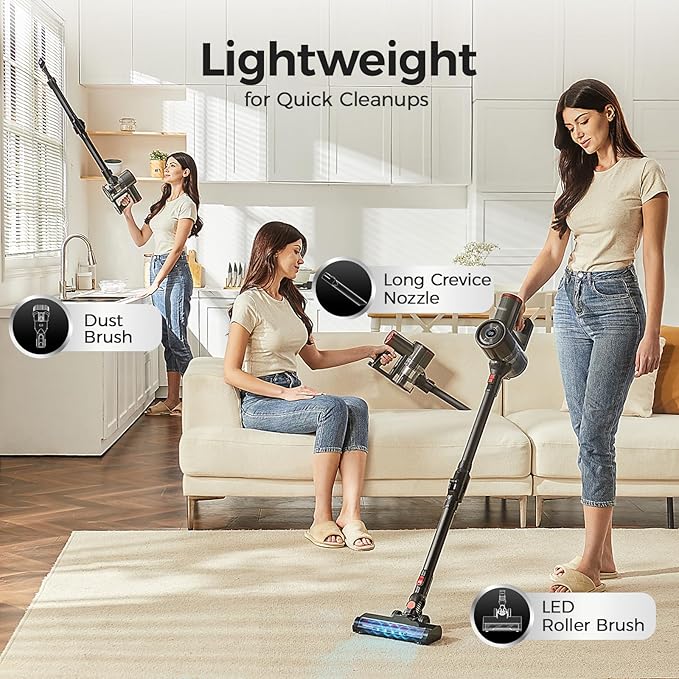 Cordless Vacuum Cleaner for HomeCleans Under Furniture Without Bending40Kpa 45MinsSelf-StandingPowerful Stick Vacuum Cordless for Pet HairHard FloorsCarpetsCar