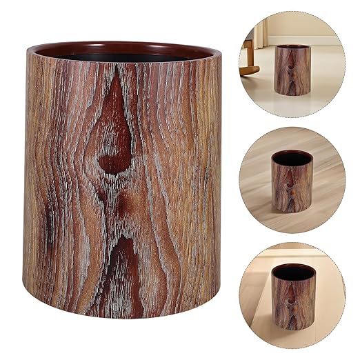 PartyKindom Vintage Imitation Wood Grain Trash Can Round Lidless Garbage Bin for Office and Home Sturdy Easy-Clean Wastebasket with Natural Wood Look Bathroom and Bedroom Waste Container