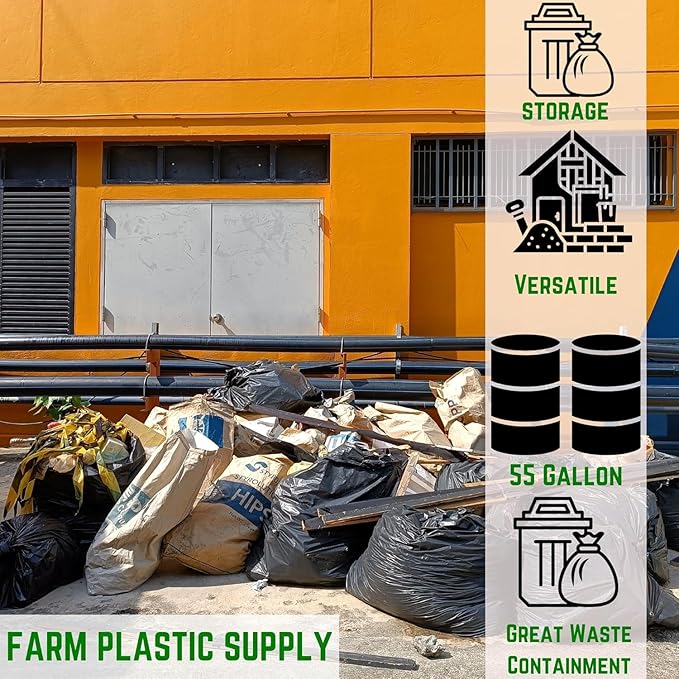 Farm Plastic Supply - 55 Gallon Trash Bags 6 Mil - Contractor Trash Bags Black Trash bags Heavy Duty Garbage Bags (10)