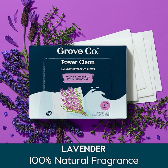 Grove Co. Laundry Detergent Sheets Power Clean Dissolving Washer Sheets (2 Pack - 64 Loads) Tough Stain Remover 100% Natural Lavender Blossom &amp Thyme Fragrance