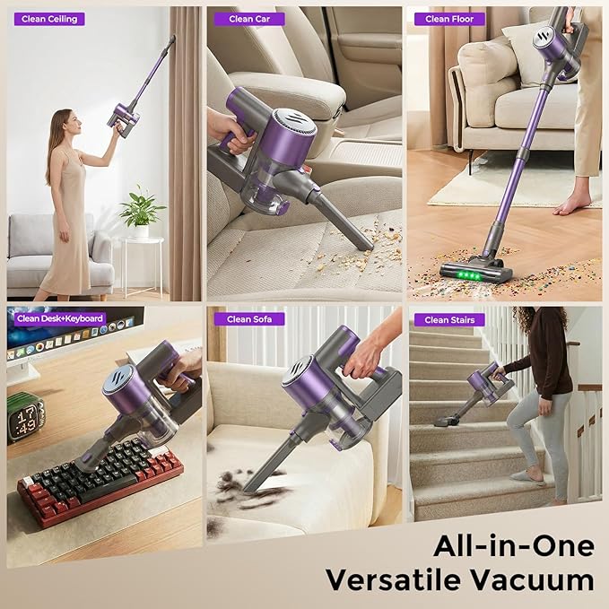 Cordless Vacuum CleanerVacuum Cleaner for Home with Brushless MotorLightweight Stick Vacuum with Self-Standing and Touch ScreenHardwood Floor Vacuum for Pet HairCarpetsTile(Purple)